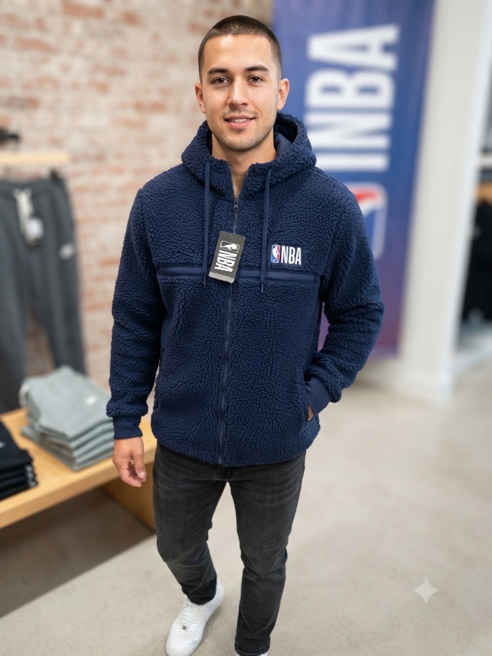 NWT NBA Unisex Navy Blue Sherpa Fleece Full-Zip Hoodie - Size Small 80.00